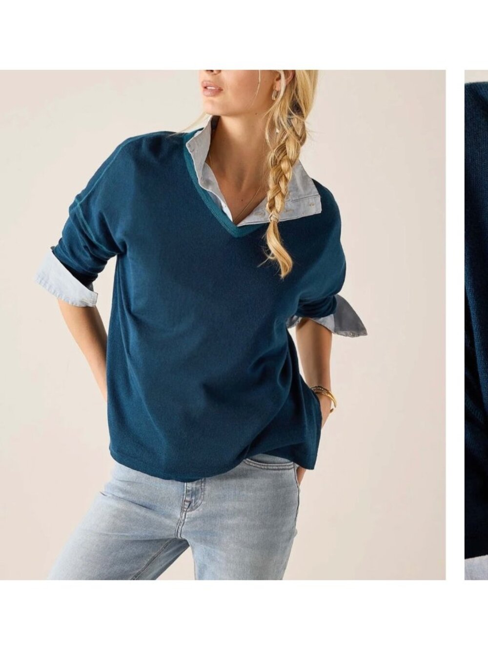 Mersea Delmar Deep Teal V-neck Sweater Contrast Stitching Size Petite One Size